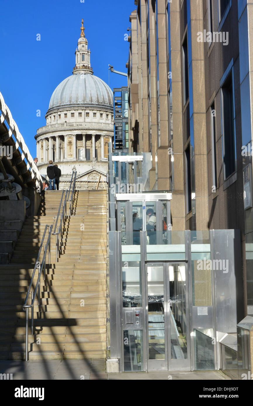 The London Millennium Funicular railway linking Thames side footpath to the Millennium Bridge and St Pauls Cathedral Stock Photo