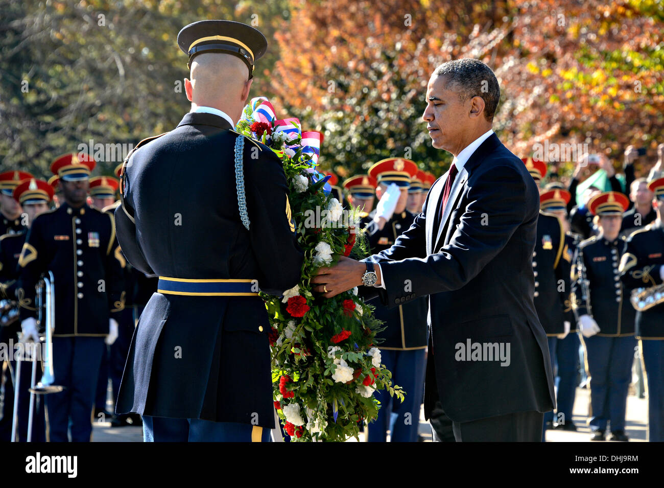 US President Barack Obama during a wreath ceremony at the Tomb of the Unknown solider at Arlington National Cemetery in honor of Veterans Day November 11, 2013 in Arlington, VA. Stock Photo