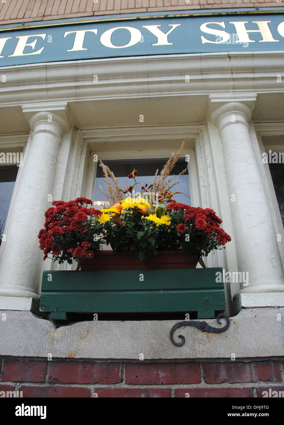 Concord MA Toy Shop in old location, brick building with granite shelf