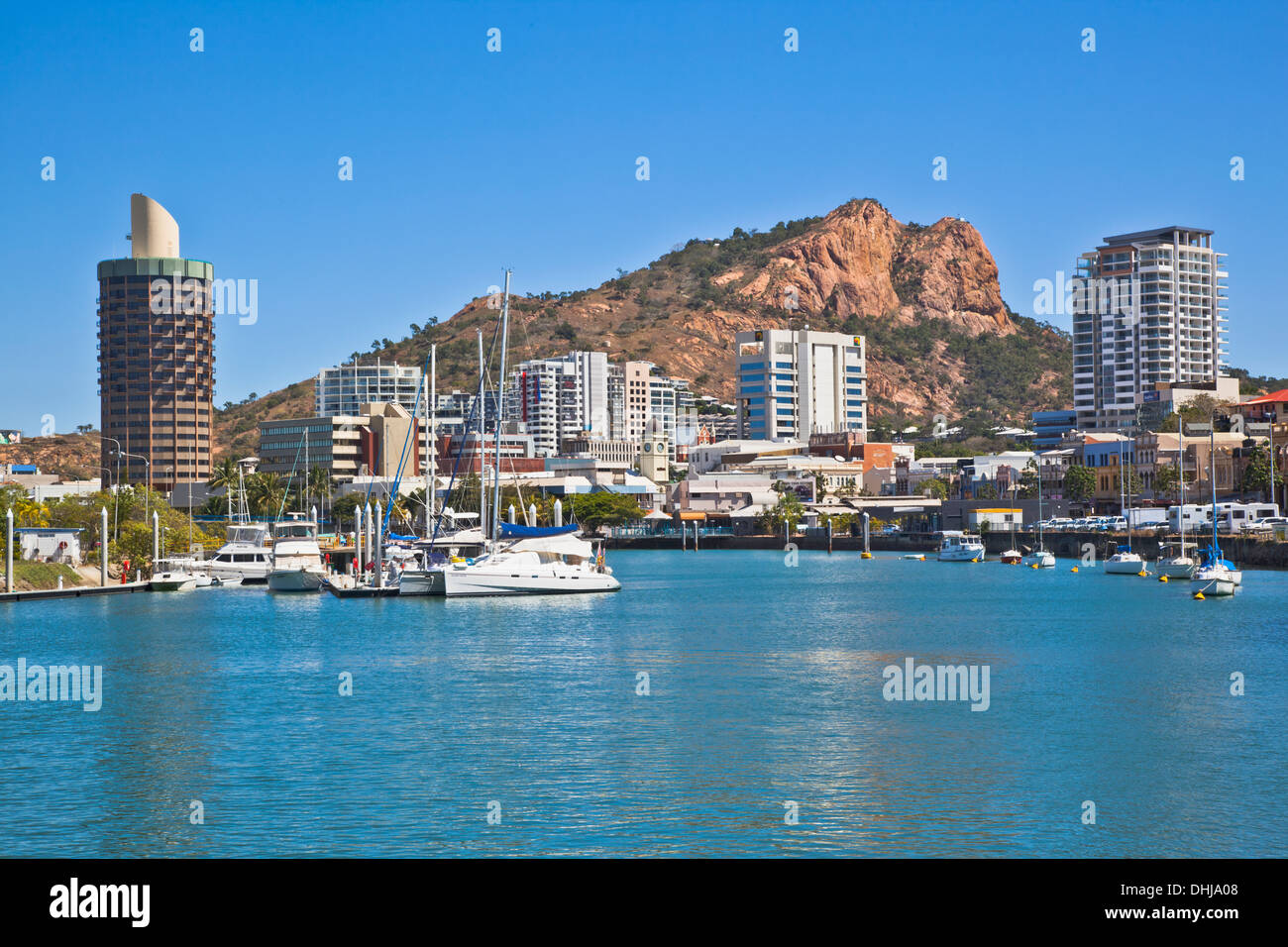 Australia, Queensland, Townsville, view of Ross Creek and the Townsville CBD with Castle Hill Stock Photo