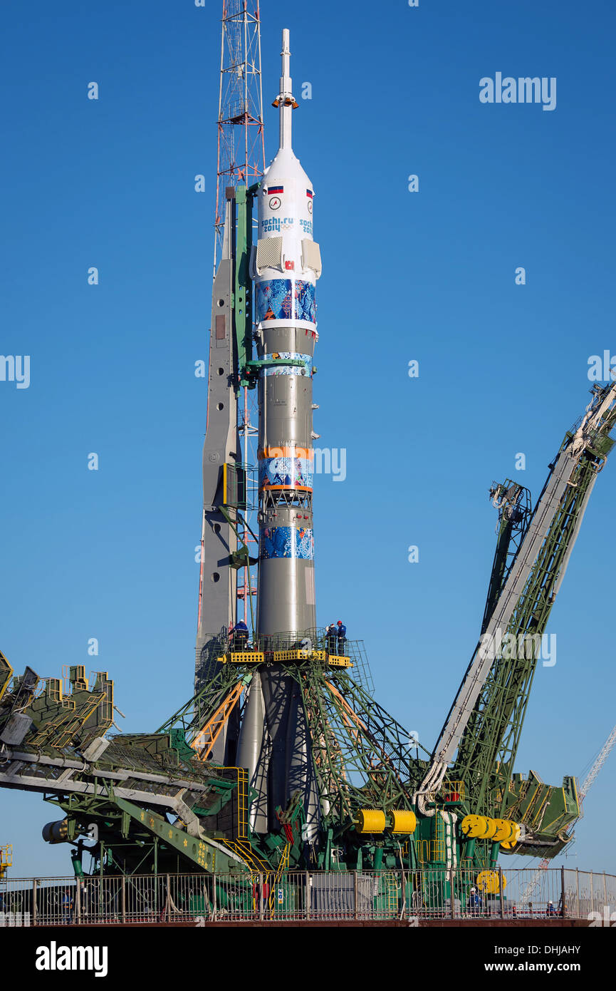 The Soyuz TMA-11M rocket, adorned with the logo of the Sochi Olympics, is positioned on the launch pad November 5, 2013 at the Baikonur Cosmodrome, Kazakhstan. Launch of the Soyuz rocket is scheduled for November 7 and will send Expedition 38 Soyuz Commander Mikhail Tyurin of Roscosmos, Flight Engineer Rick Mastracchio of NASA and Flight Engineer Koichi Wakata of the Japan Aerospace Exploration Agency on a six-month mission aboard the International Space Station. Stock Photo