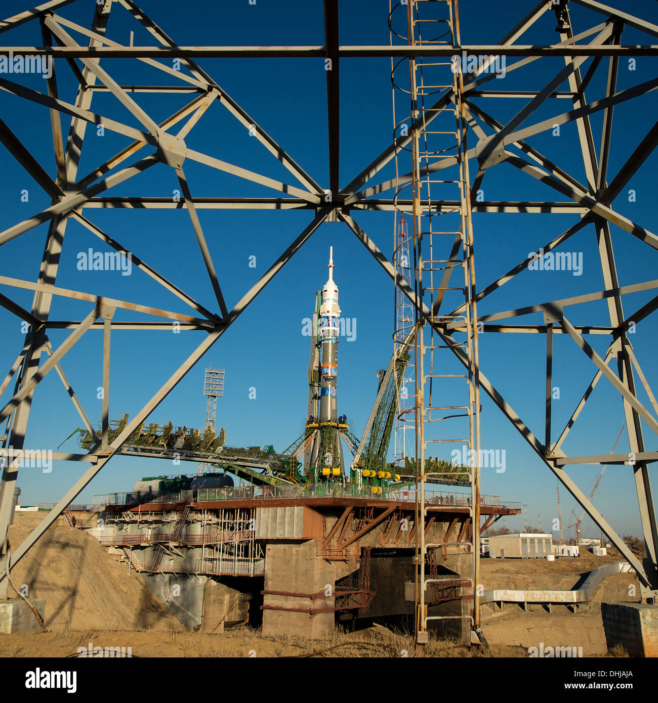 The Soyuz TMA-11M rocket, adorned with the logo of the Sochi Olympics, is positioned on the launch pad November 5, 2013 at the Baikonur Cosmodrome, Kazakhstan. Launch of the Soyuz rocket is scheduled for November 7 and will send Expedition 38 Soyuz Commander Mikhail Tyurin of Roscosmos, Flight Engineer Rick Mastracchio of NASA and Flight Engineer Koichi Wakata of the Japan Aerospace Exploration Agency on a six-month mission aboard the International Space Station. Stock Photo