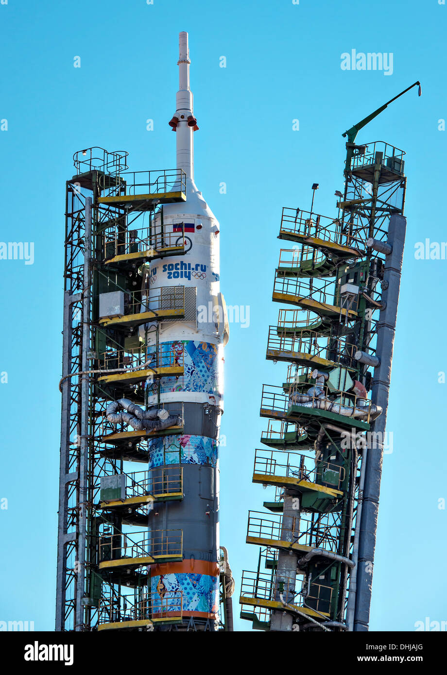 The Soyuz TMA-11M rocket, adorned with the logo of the Sochi Olympics, is positioned on the launch pad November 5, 2013 at the Baikonur Cosmodrome, Kazakhstan. Launch of the Soyuz rocket is scheduled for November 7 and will send Expedition 38 Soyuz Commander Mikhail Tyurin of Roscosmos, Flight Engineer Rick Mastracchio of NASA and Flight Engineer Koichi Wakata of the Japan Aerospace Exploration Agency on a six-month mission aboard the International Space Station. Stock Photo
