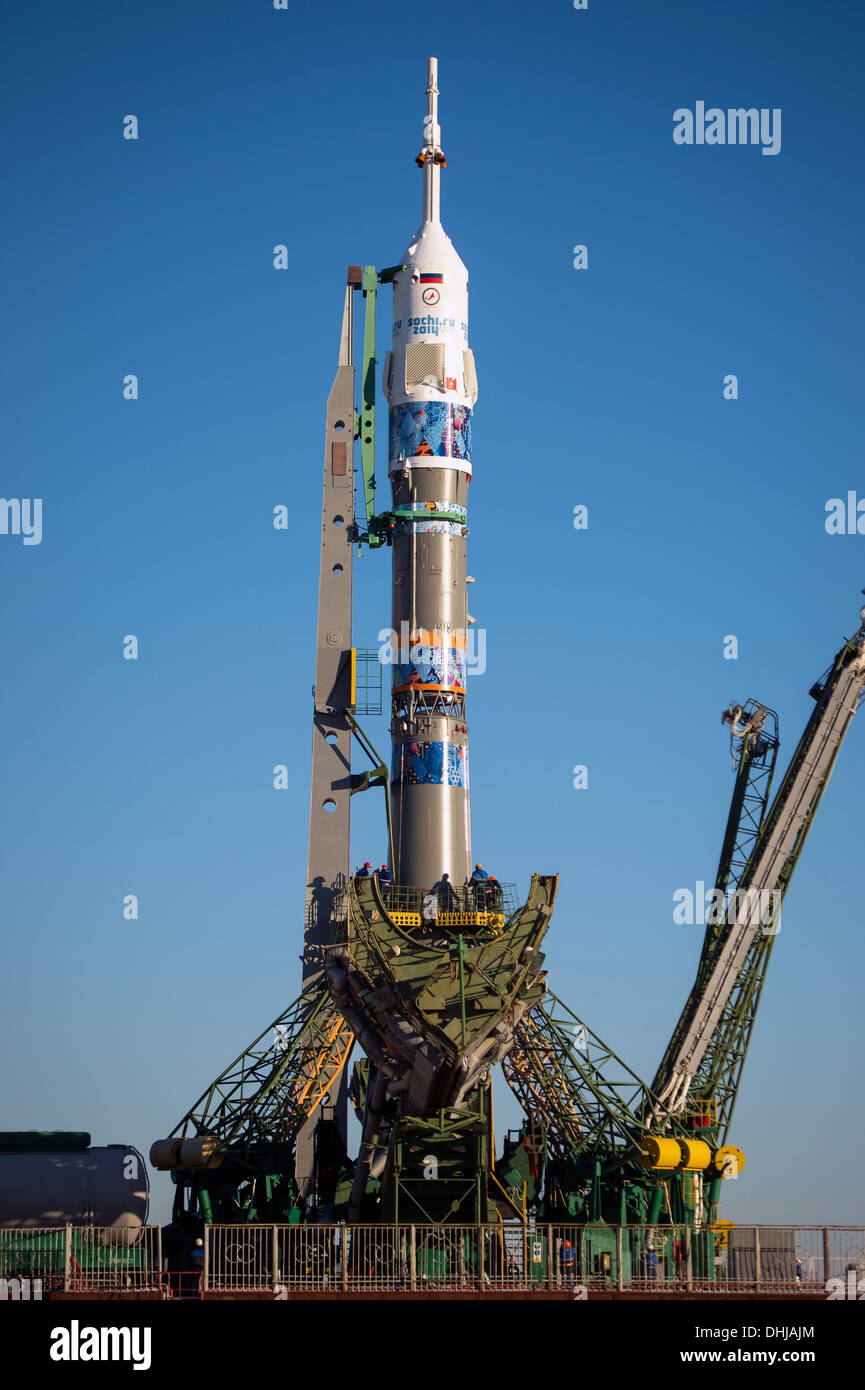 The Soyuz TMA-11M rocket, adorned with the logo of the Sochi Olympics, is positioned on the launch pad November 5, 2013 at the Baikonur Cosmodrome, Kazakhstan. Launch of the Soyuz rocket is scheduled for November 7 and will send Expedition 38 Soyuz Commander Mikhail Tyurin of Roscosmos, Flight Engineer Rick Mastracchio of NASA and Flight Engineer Koichi Wakata of the Japan Aerospace Exploration Agency on a six-month mission aboard the International Space Station. Stock Photo