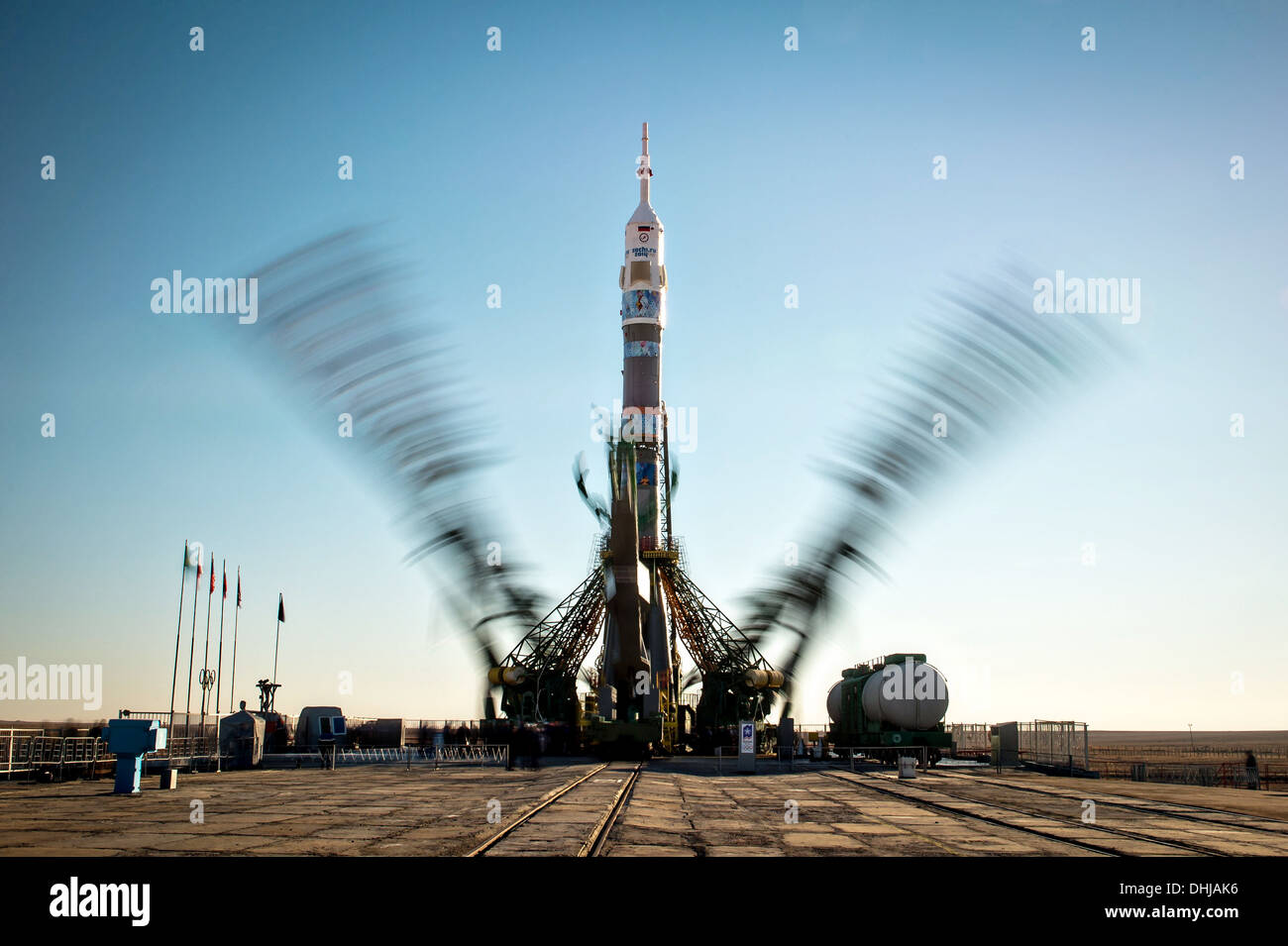 The Soyuz TMA-11M rocket, adorned with the logo of the Sochi Olympics, is positioned on the launch pad November 5, 2013 at the Baikonur Cosmodrome, Kazakhstan. Launch of the Soyuz rocket is scheduled for November 7 and will send Expedition 38 Soyuz Commander Mikhail Tyurin of Roscosmos, Flight Engineer Rick Mastracchio of NASA and Flight Engineer Koichi Wakata of the Japan Aerospace Exploration Agency on a six-month mission aboard the International Space Station. Stock Photo