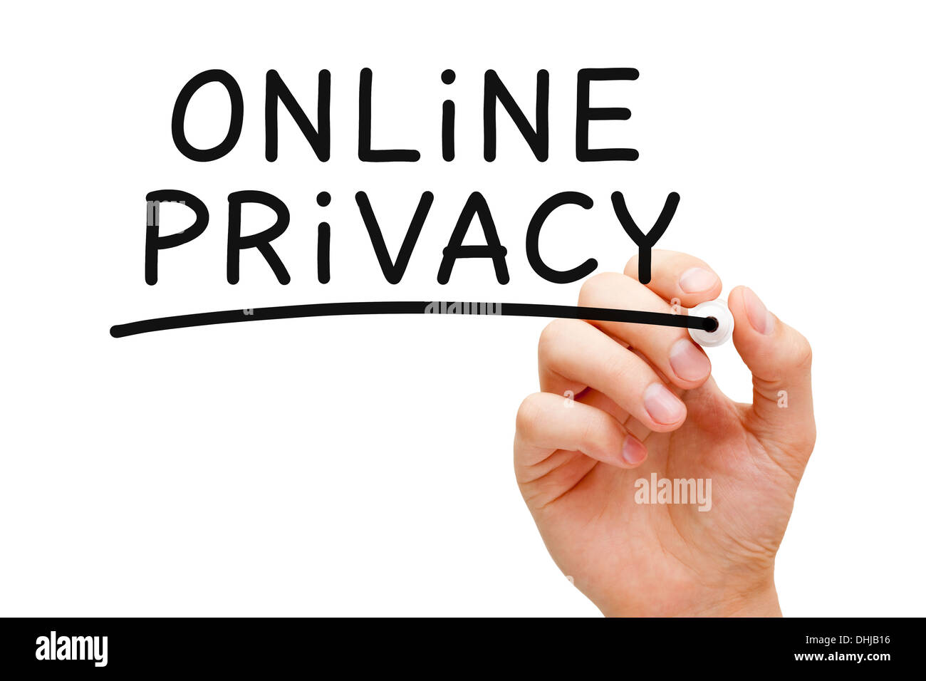 Hand writing Online Privacy with black marker on transparent wipe board. Stock Photo
