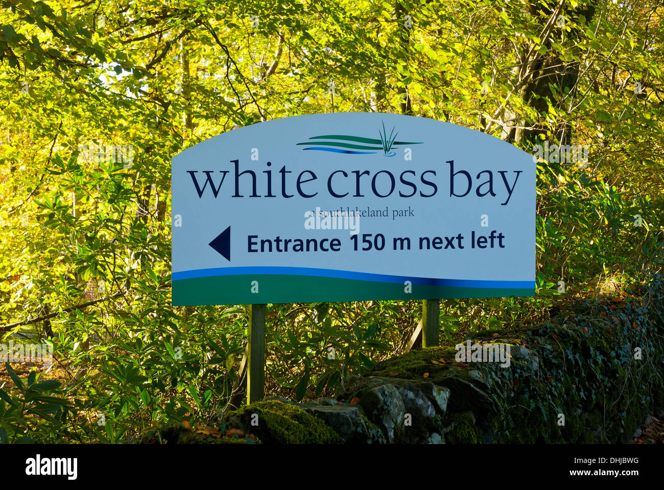 Sign for White Cross Bay leisure park and marina, Ambleside Road