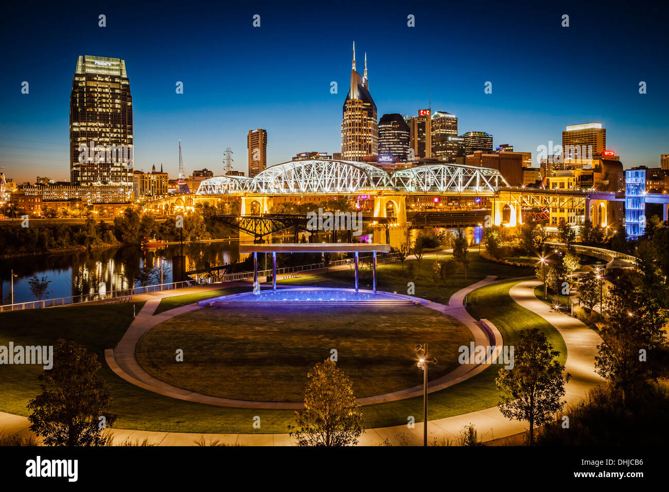 Cumberland Park with Shelby Street Walking Bridge and skyline of Nashville Tennessee, USA Stock Photo