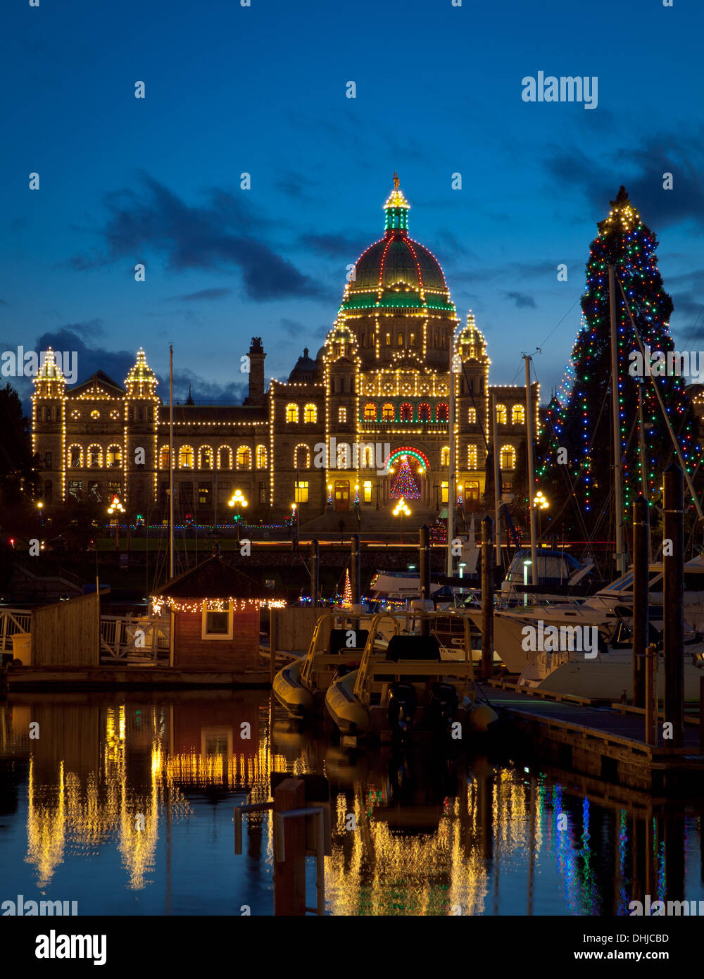 A view of the British Columbia Parliament Building and the Inner Harbour in Victoria, British Columbia, Canada at Christmas. Stock Photo