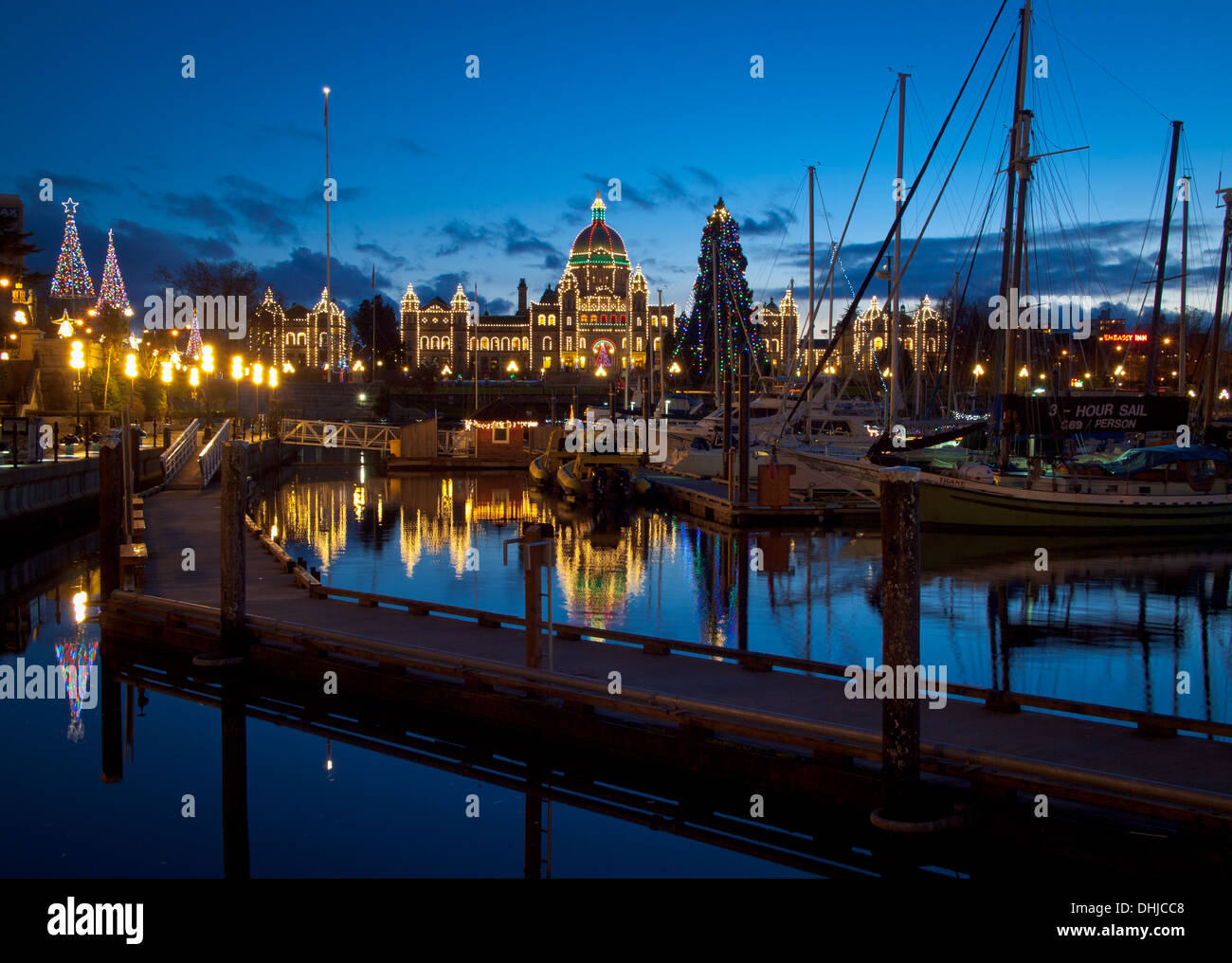 A view of the Inner Harbour and British Columbia Parliament Building at Christmas. Stock Photo