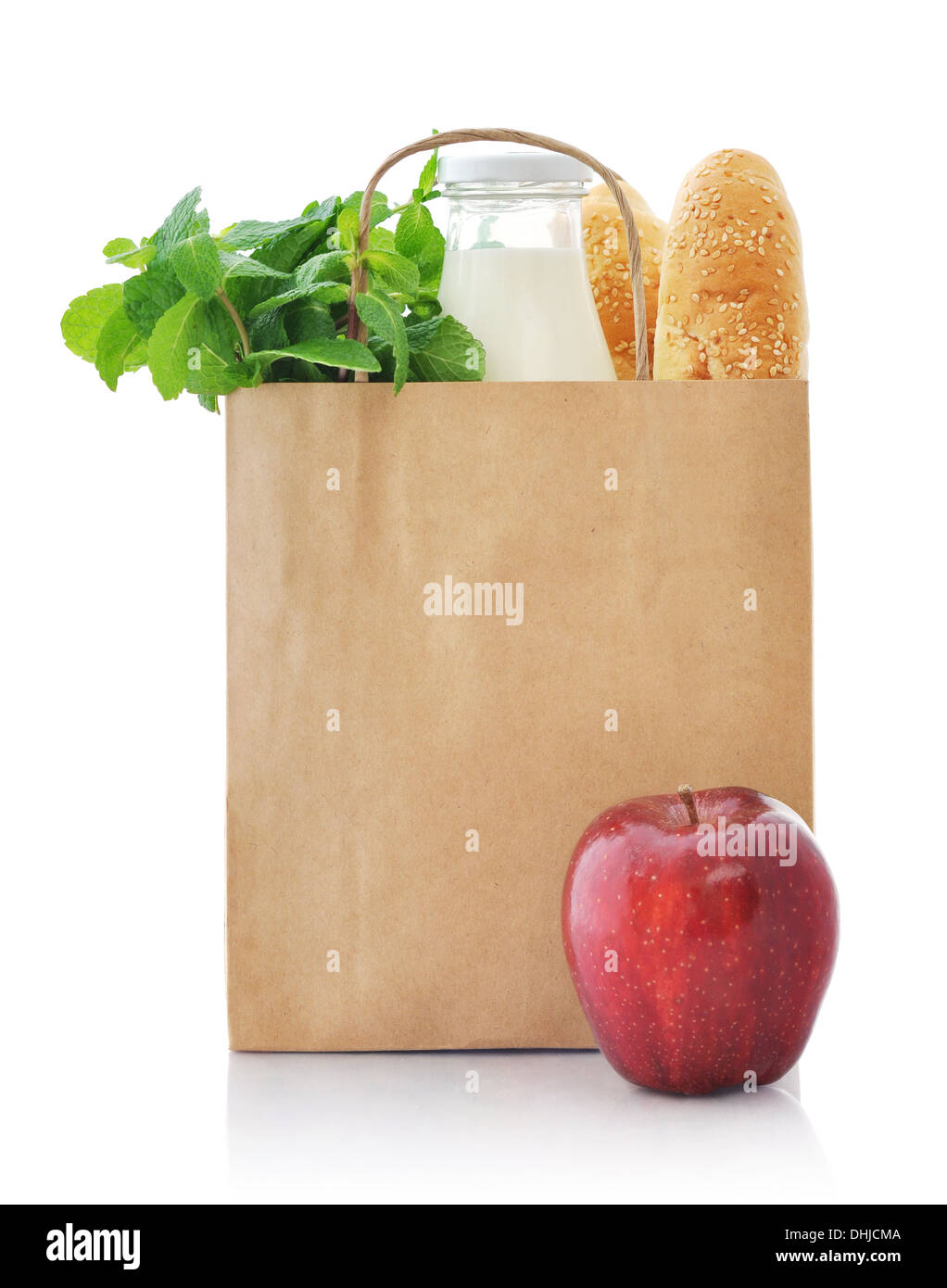 Brown paper bag with food isolated on a white background Stock Photo