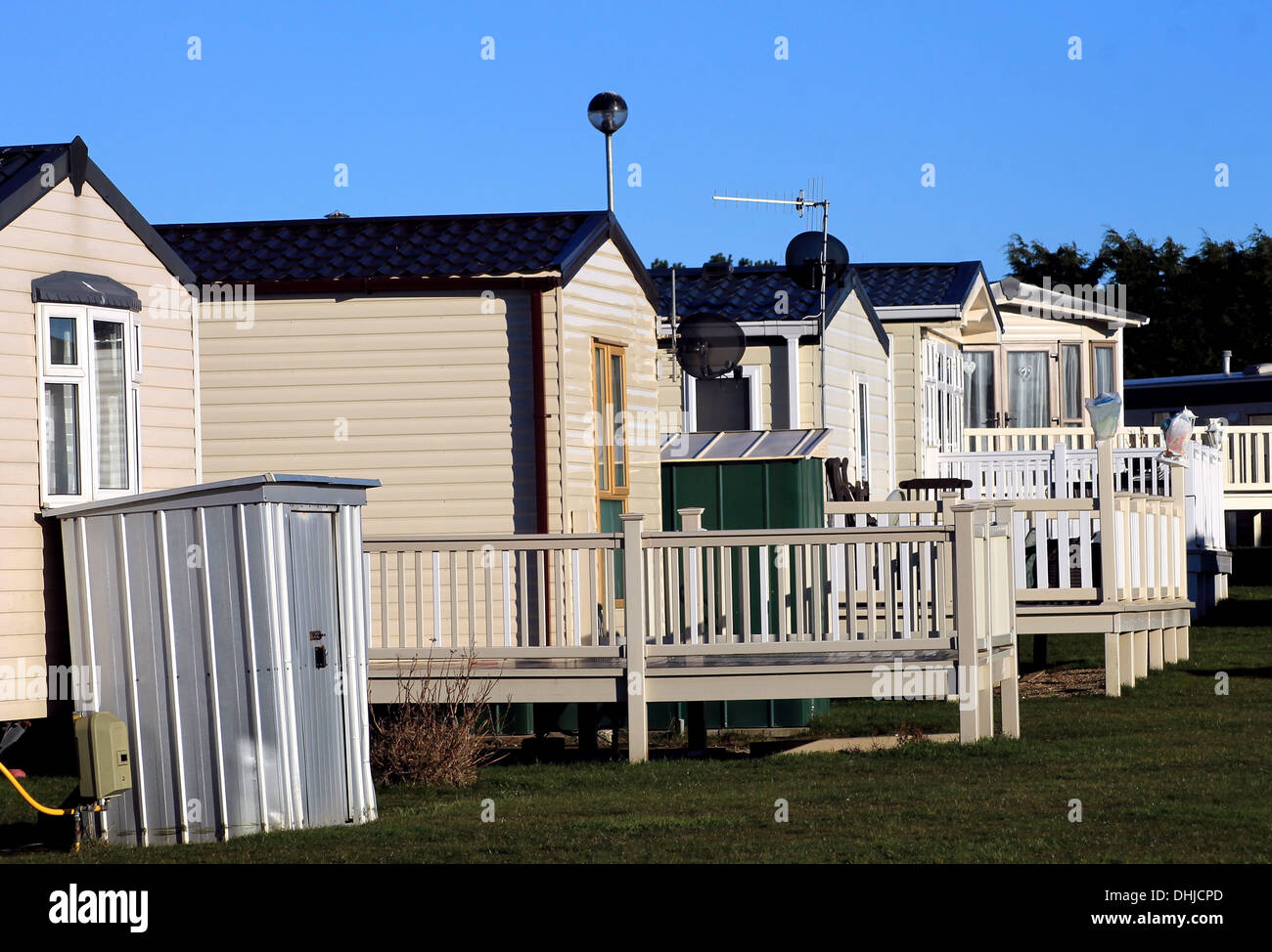 Scenic view of row of caravans on trailer park, Scarborough, England. Stock Photo