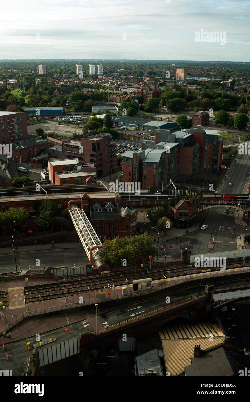 Footbridge links Deansgate rail stations, Manchester, England, United Kingdom Stock Photo