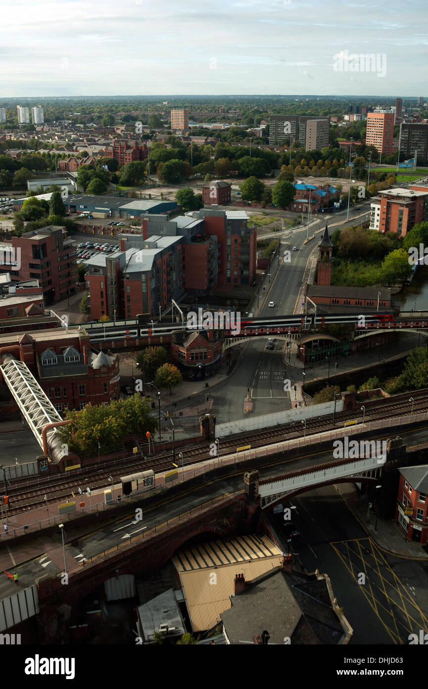 Footbridge links Deansgate rail stations, Manchester, England, United Kingdom Stock Photo