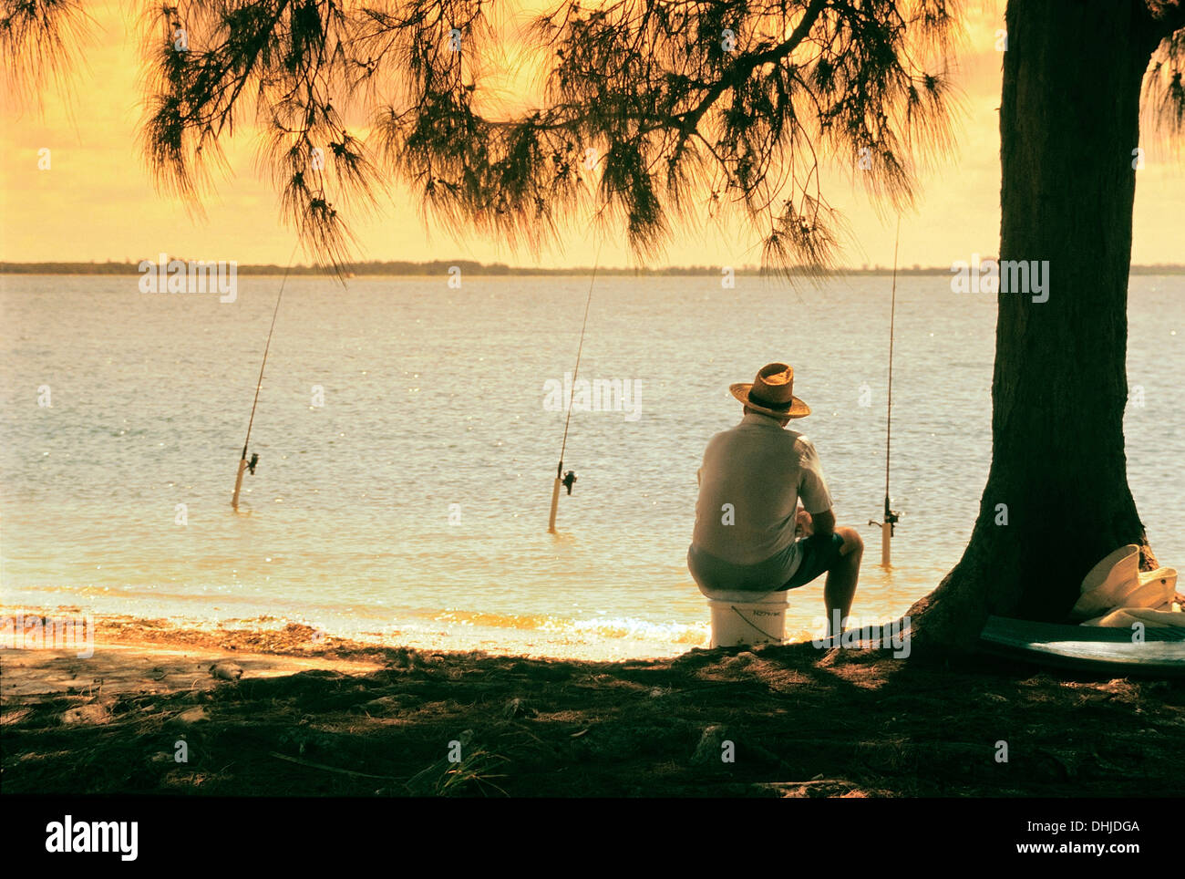 Solitary man fishing from shore with three poles. Stock Photo
