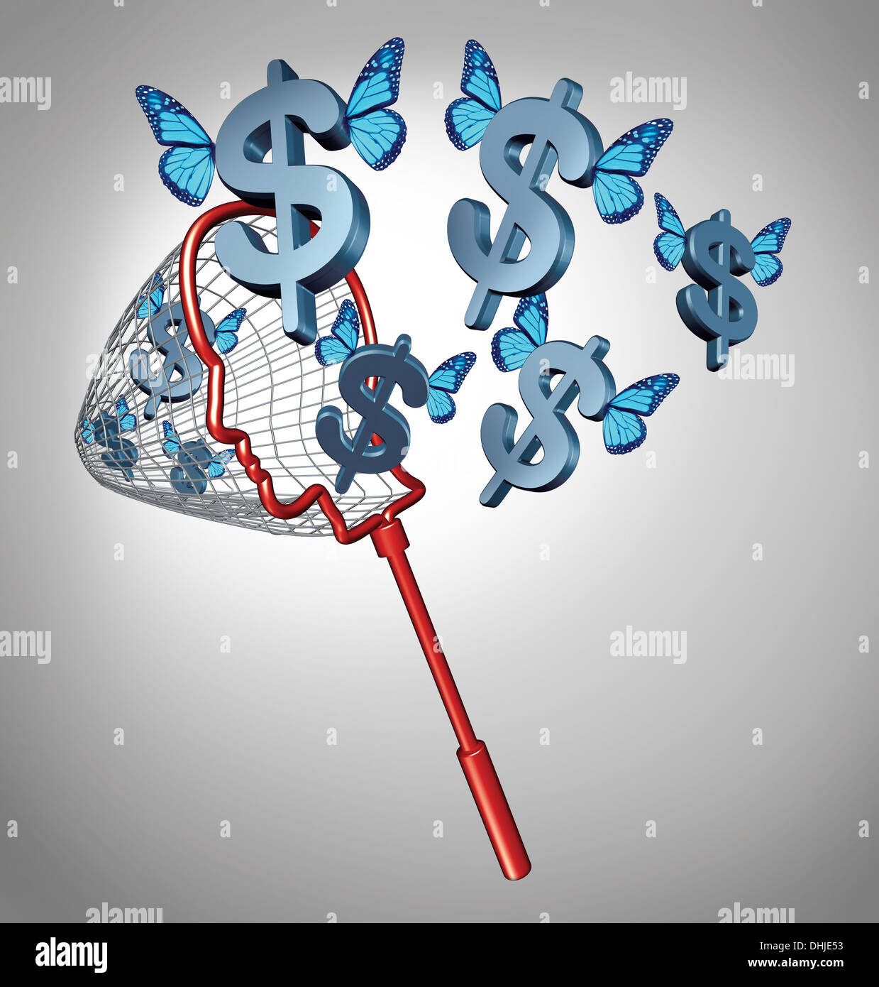 Earn money concept and smart investing financial symbol as a business metaphor with a net shaped as a human head catching flying dollar signs with blue butterfly wings as an icon of building wealth. Stock Photo