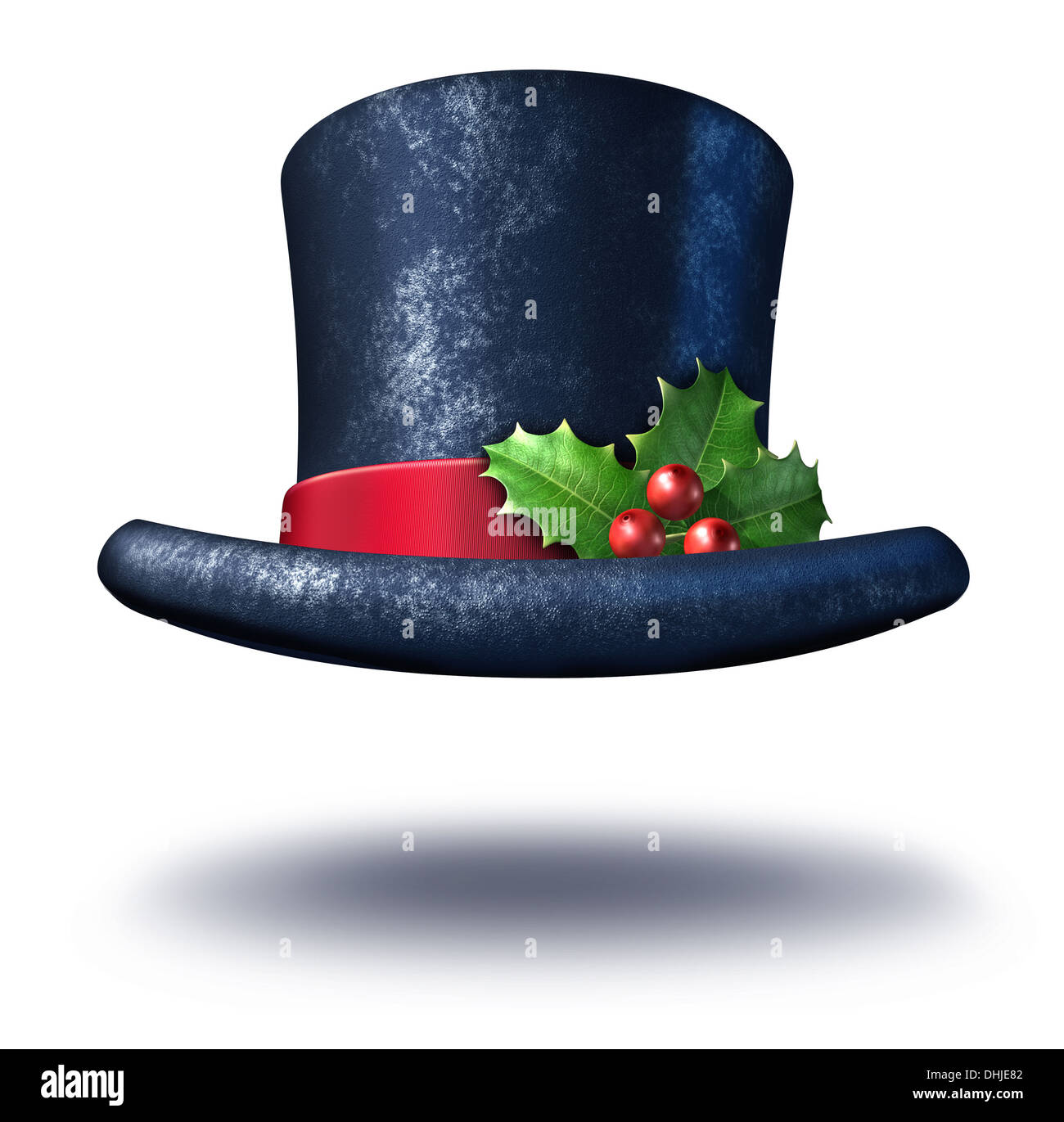 Winter holiday top hat with green festive holly leaves red berries on a silk ribbon with a white 