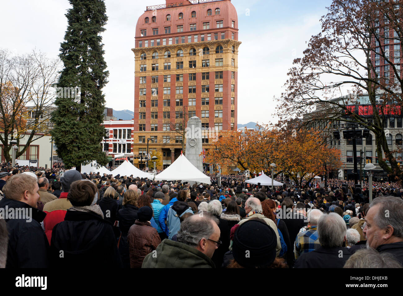People take  part in Remembrance Day ceremonies in Victory Square in downtown Vancouver, British Columbia, Canada Stock Photo