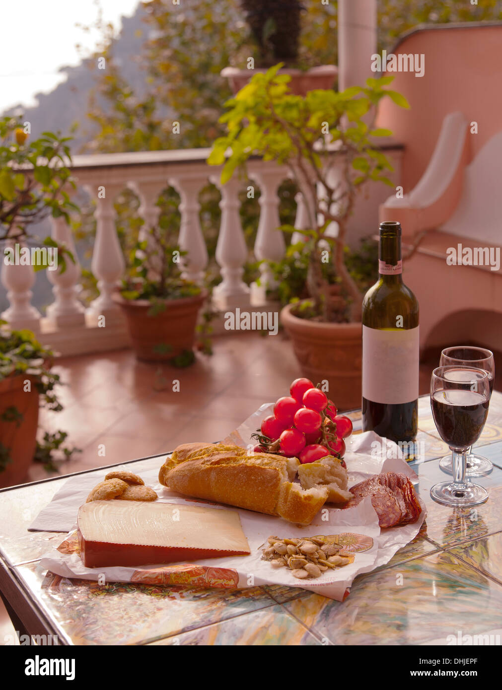 A lunch picnic served on a hotel balcony, Positano, Italy. Stock Photo