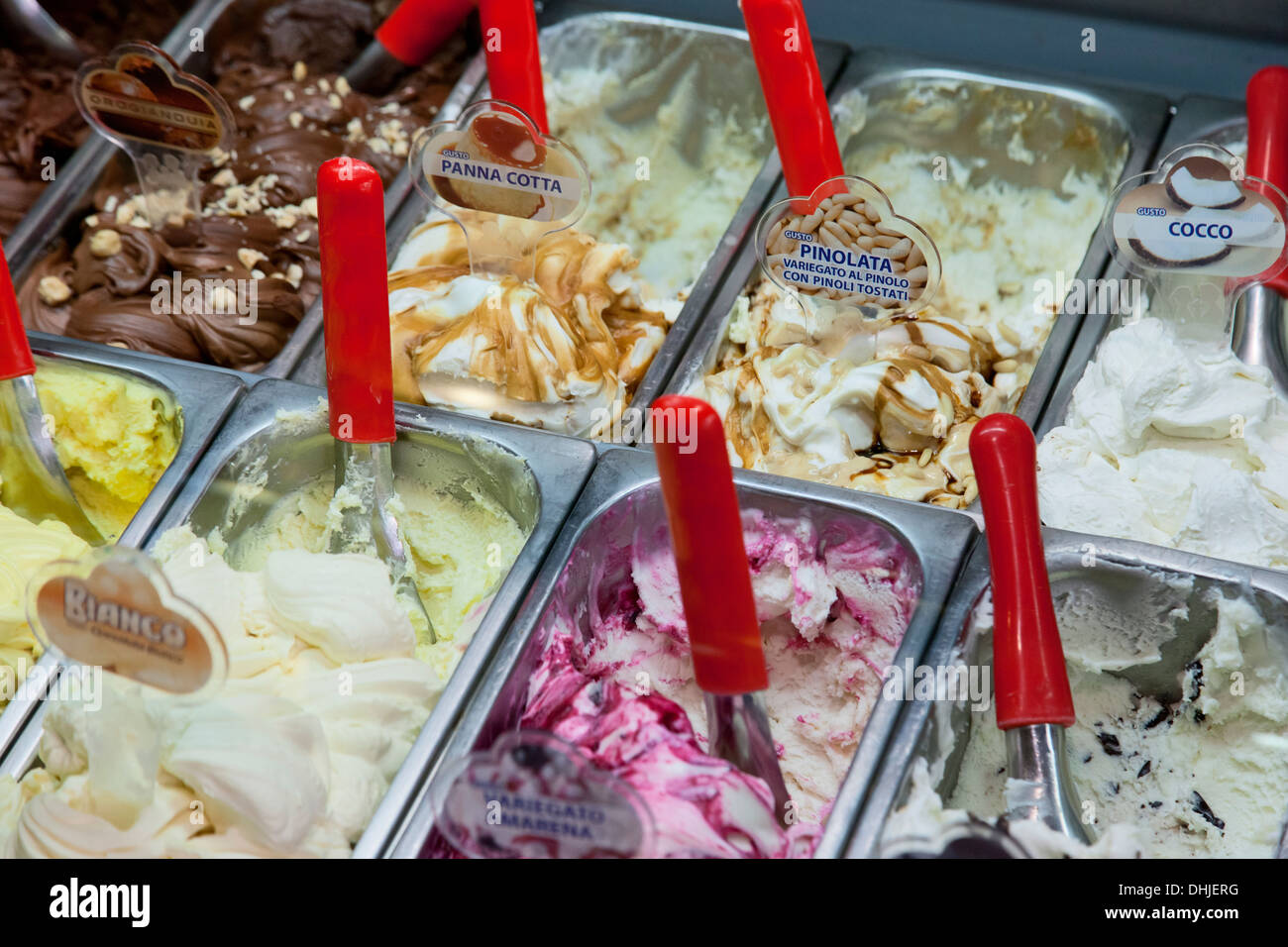 Creamy Gelato is ready to be served at a shop in Rome, Italy. Stock Photo
