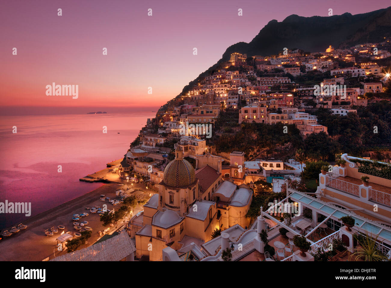 Positåño at dusk from the East above the Cathedral Stock Photo - Alamy