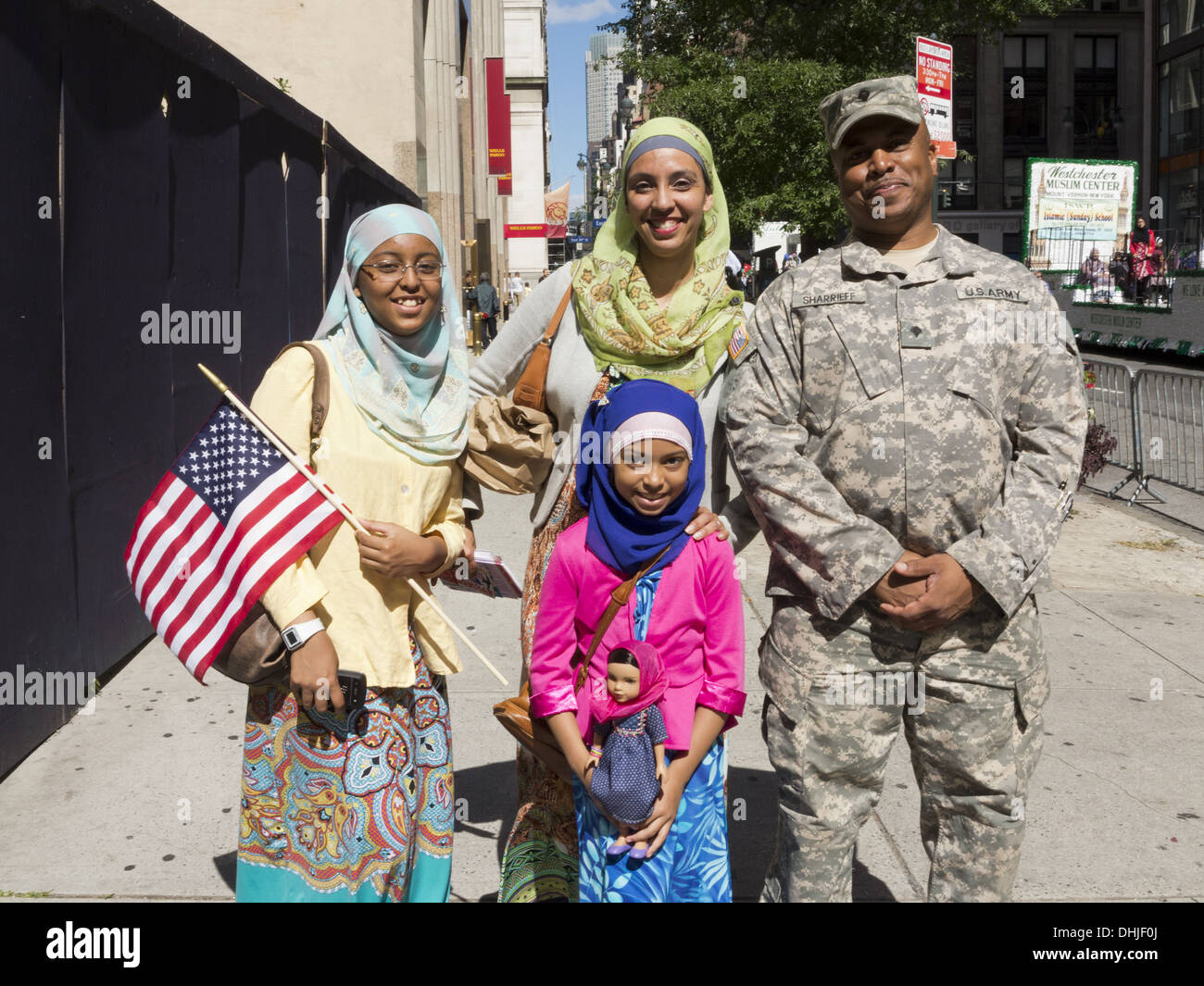 U.S. soldier from Brooklyn and his family at the Annual Muslim Day Parade, New York City, 2013. Stock Photo