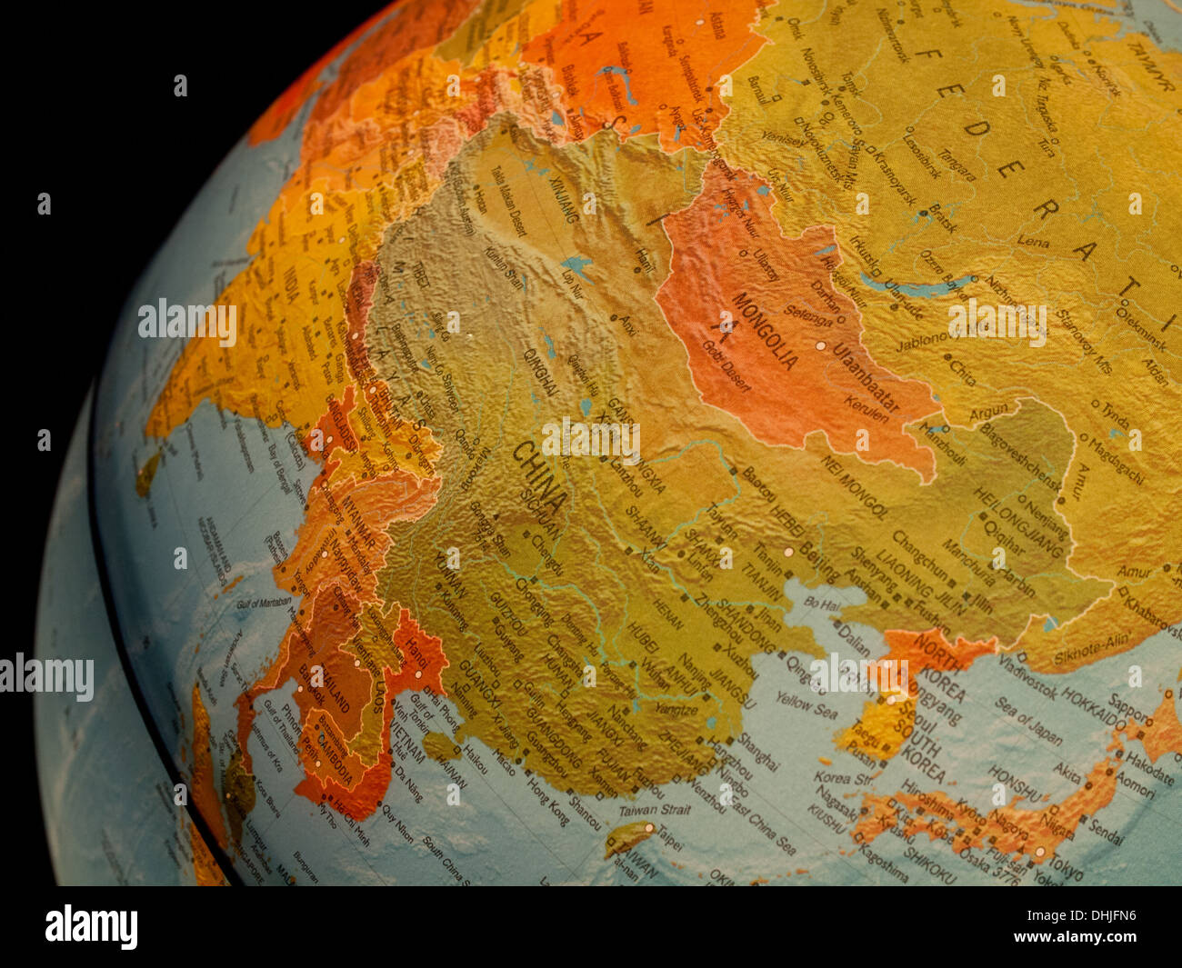 A view of China and the Far East on a beautiful, illuminated globe. Stock Photo