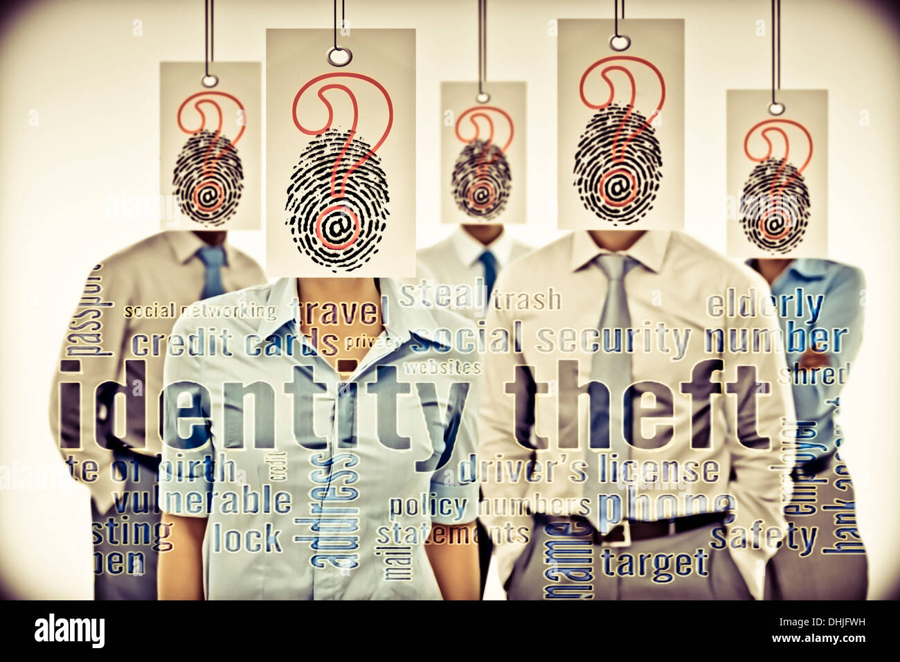 Portrait of people behind interrogation symbol Stock Photo - Alamy