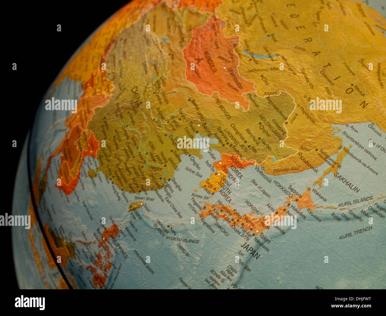 A view of Japan, South Korea, North Korea and China on a beautiful, illuminated globe. Stock Photo