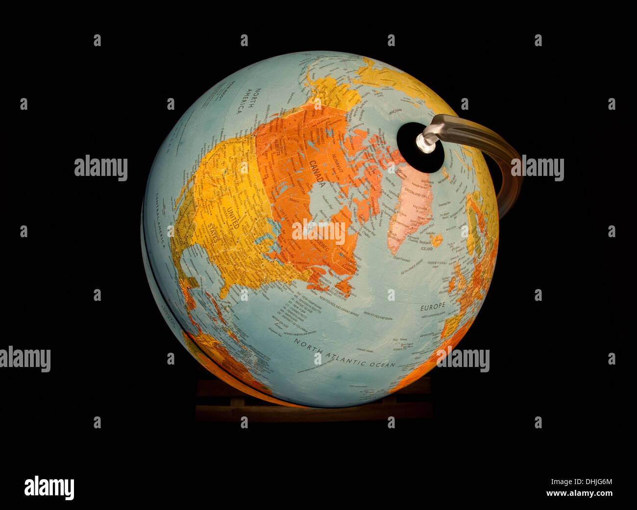 A view of North America and the North Atlantic Ocean on a beautiful, illuminated globe. Stock Photo