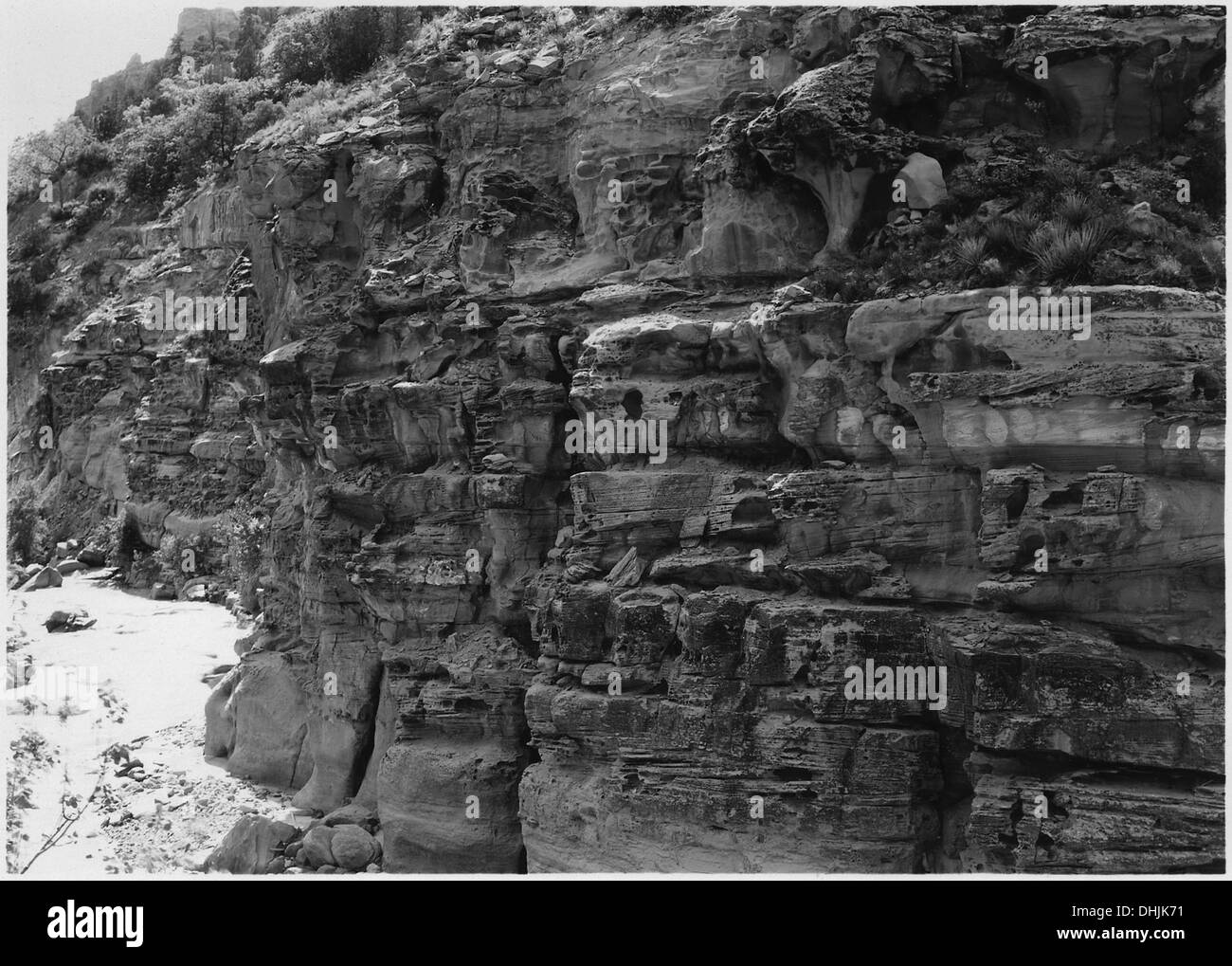 Wind and water erosion, peculiar formations in sandstone. West side of Virgin River one half
