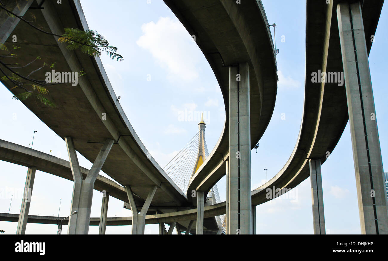 Elevated expressway. The curve of suspension bridge, Thailand. Stock Photo