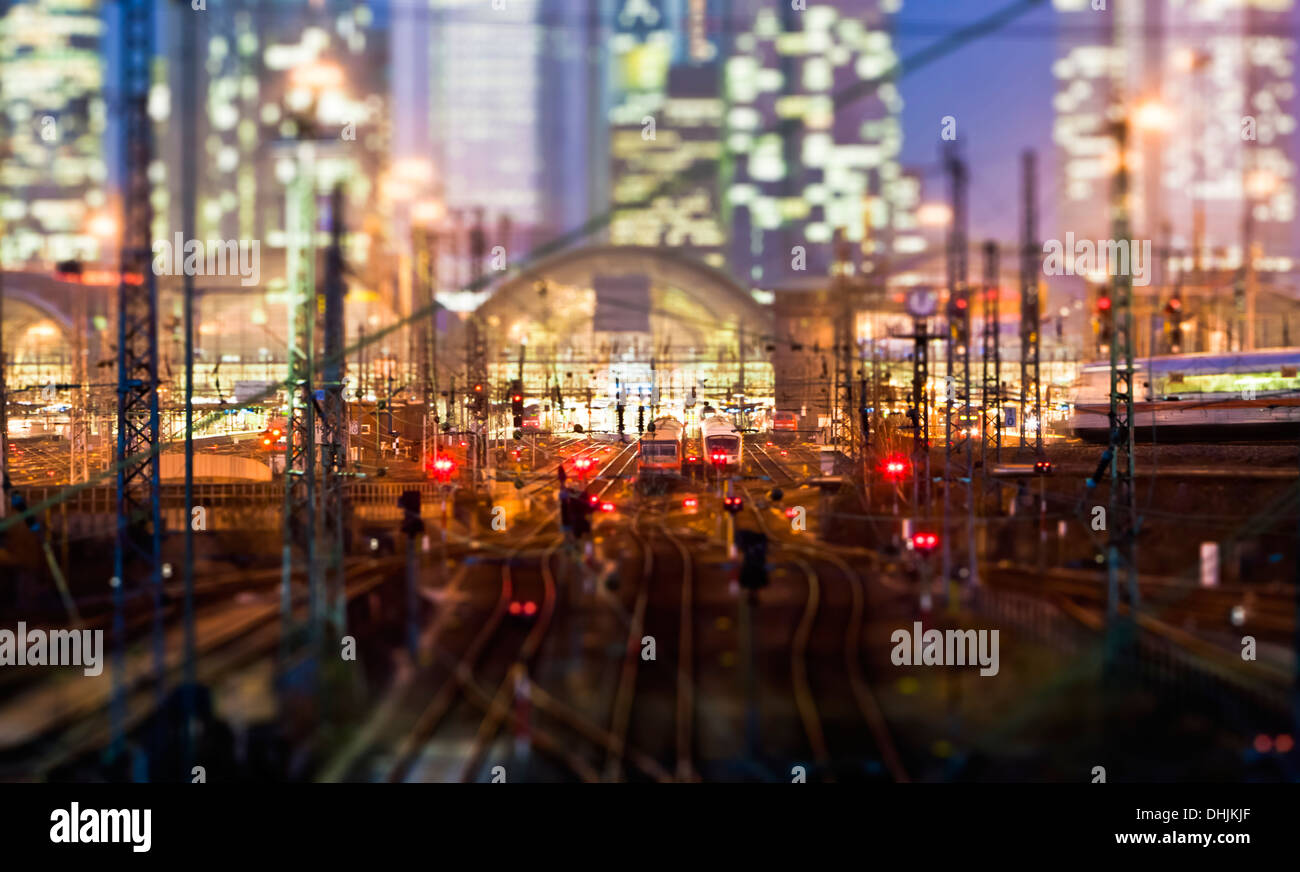 Germany, Hesse, Frankfurt, Tilt-shift view of central station with financial district in background Stock Photo