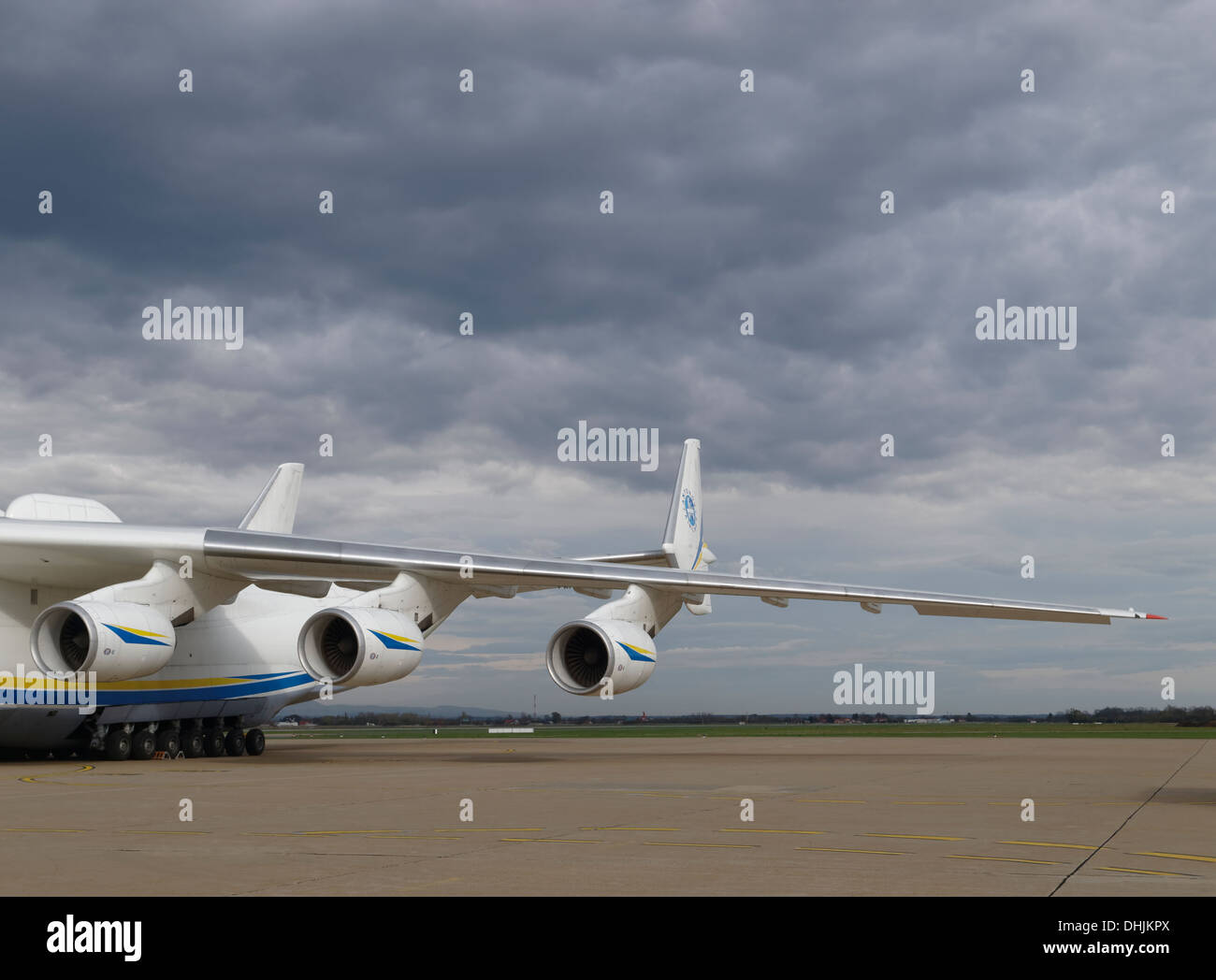 Ivchenko Progress D-18T turbofan engines on Antonov An-225 Mriya airplane during loading of 140 tonne transformer. Stock Photo