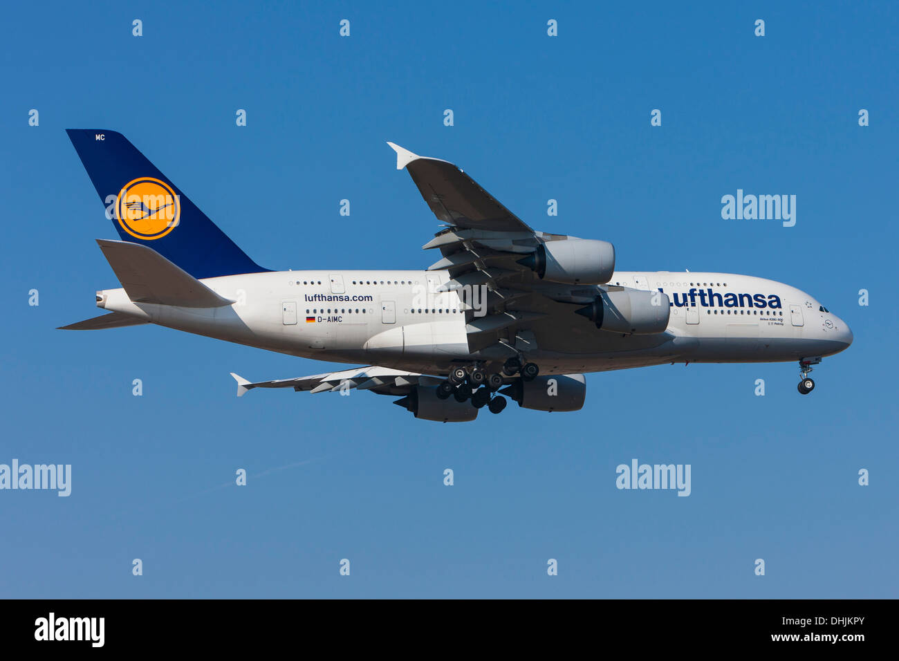 Airbus A380 of Lufthansa Airline approaching at Frankfurt airport Stock Photo