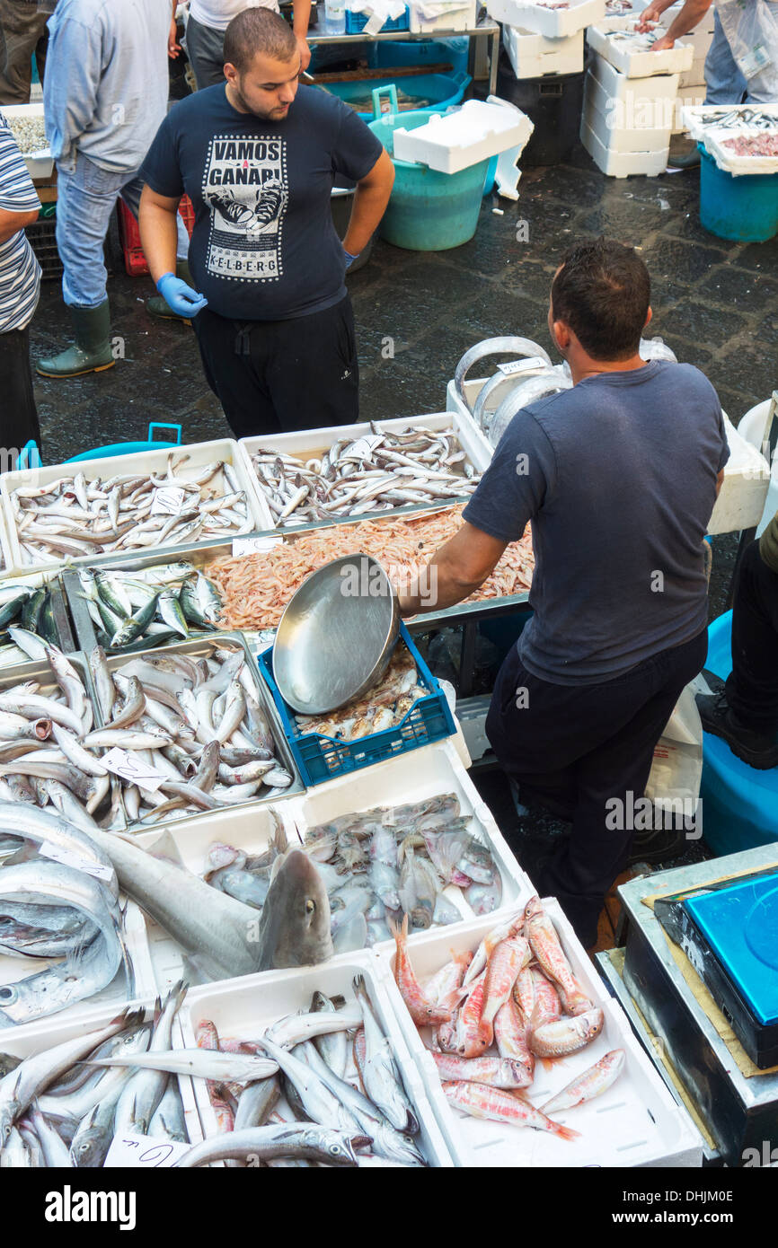 Selling fish in the fish market, La Pescheria, Catania, Sicily, Italy Stock Photo
