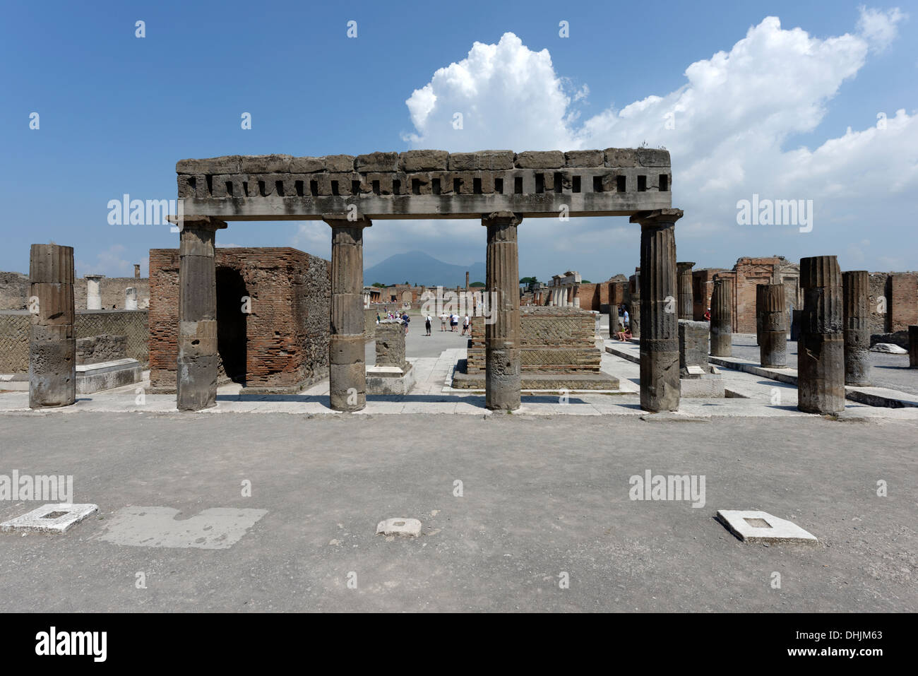 Portico fluted Doric columns at the south end of the Forum, Pompeii, Italy. The Forum was the centre of political, economic and Stock Photo