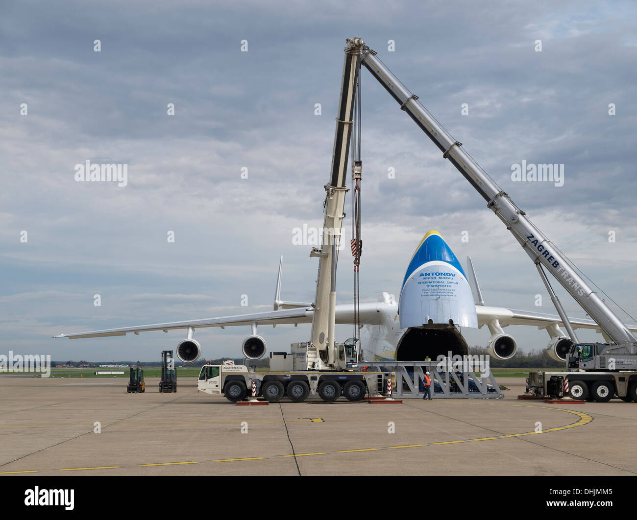 Front view of the Antonov An-225 airplane during loading of 140 ton cargo at Pleso, Zagreb, Croatia airport. Stock Photo