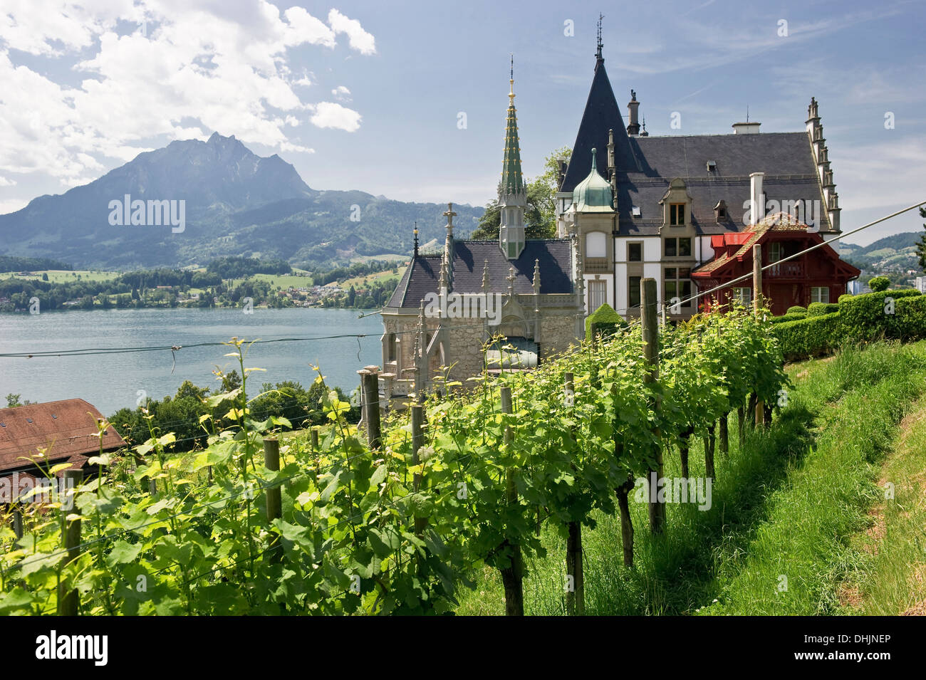 Meggenhorn castle with Mount Pilatus in the background, Lake Lucerne, canton Lucerne, Switzerland, Europe Stock Photo