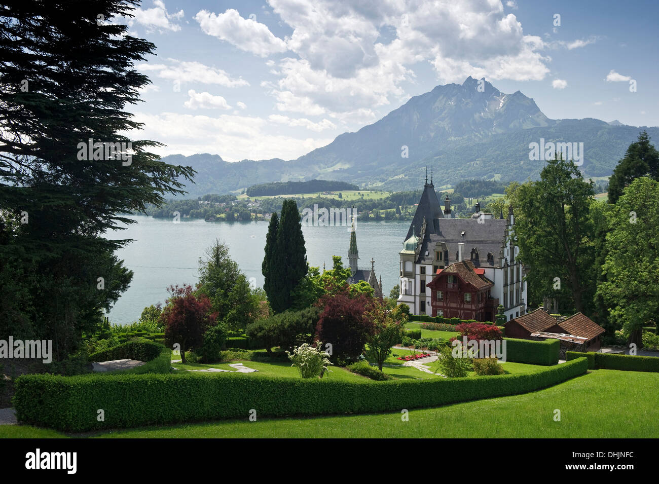 Meggenhorn castle with Mount Pilatus in the background, Lake Lucerne, canton Lucerne, Switzerland, Europe Stock Photo