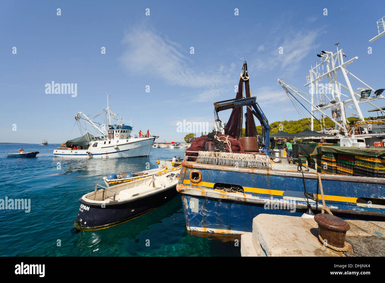 Fishing boats moored in Mandre on Pag island, Croatia Stock Photo