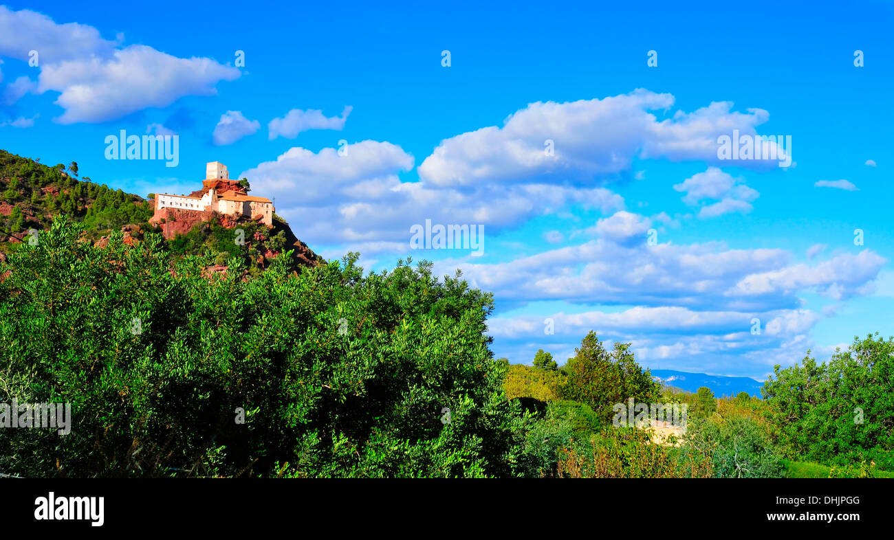 view of Shrine of Mare de Deu de la Roca, in the top of a hill, in Mont ...