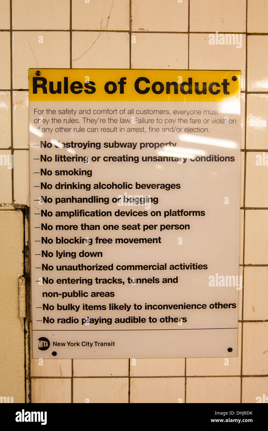 Rules of Conduct, Metro Subway, Manhattan, New York City, United States of America. Stock Photo