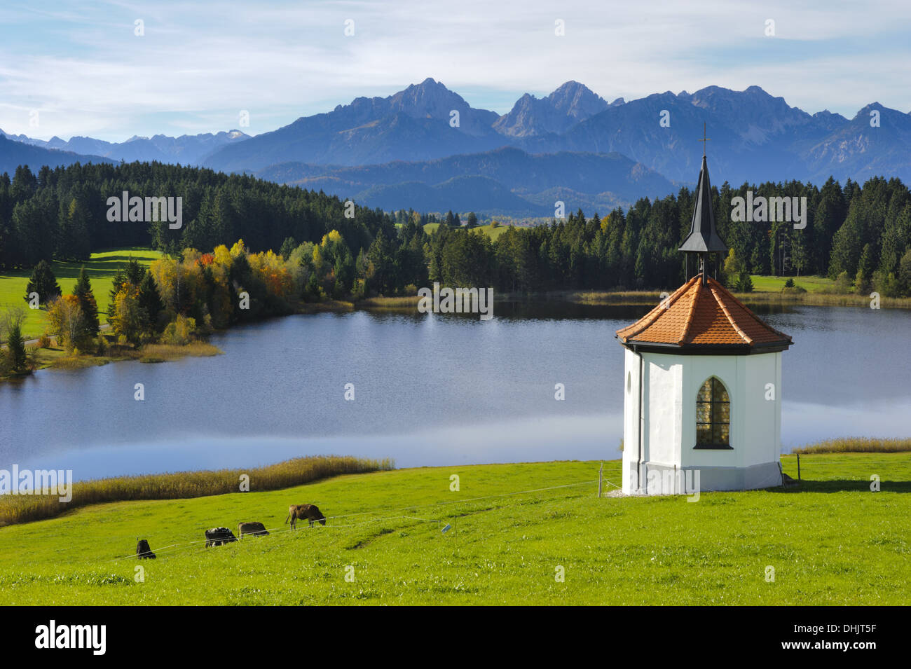 lake and chapel at alps in Bavaria, Germany Stock Photo