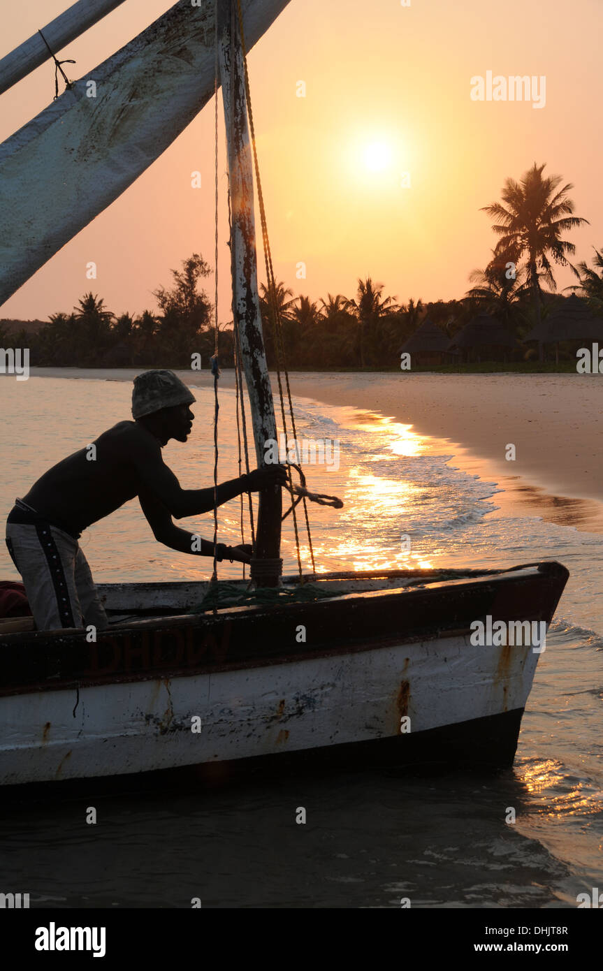Fishing dhow at sunrise. Benguerra Island, Bazaruto Archipelago. Mozambique. East Africa. Stock Photo
