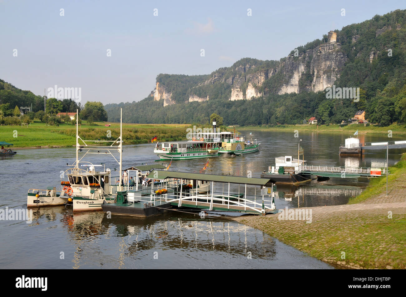 Boats on the banks of the river Elbe near Rathen, Saxonien Switzerland, Saxony, Germany, Europe Stock Photo