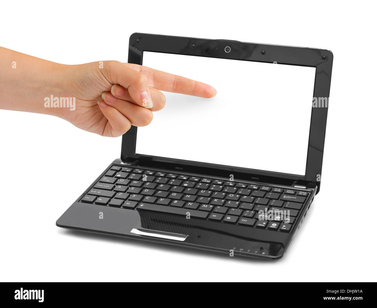 Notebook computer and pointing hand Stock Photo - Alamy