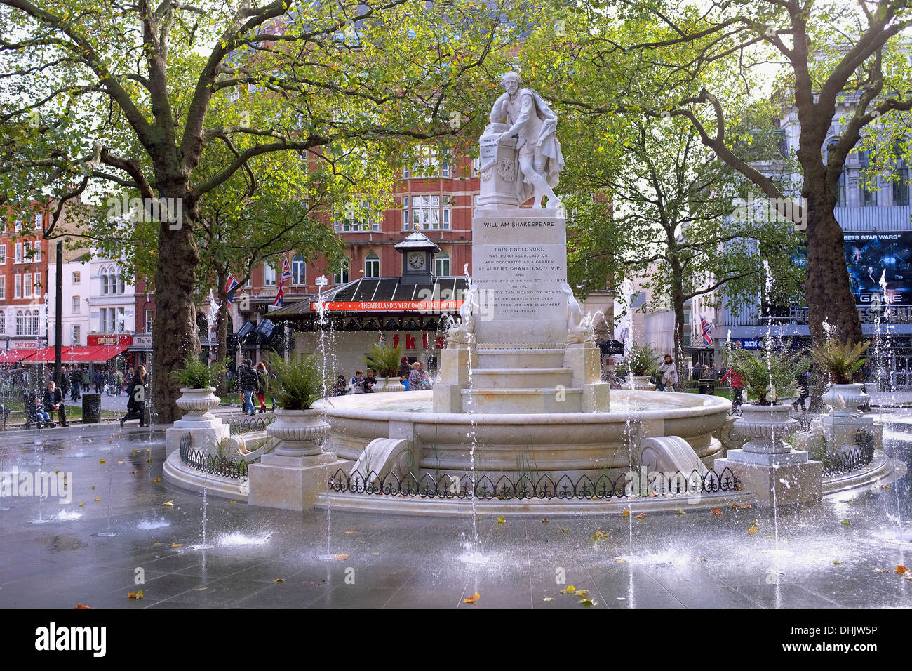 Marble fountain in Leicester Square Gardens with statue of William