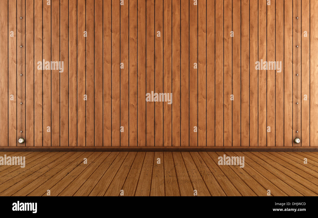 Vintage room with wooden wall paneling and electric outlet- render Stock Photo
