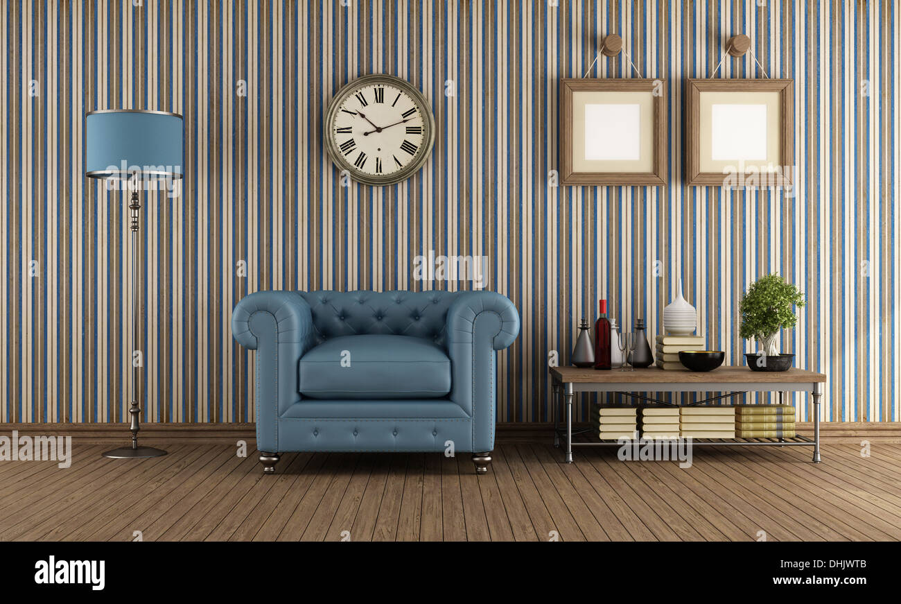 classic leather armchair in a vintage living room with wallpaper